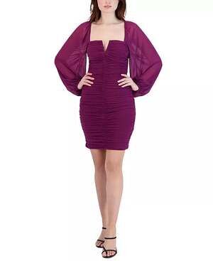 New BCBGeneration Womens Ruched Bodycon Dress Long Sheer Sleeves Size 4 Burgundy